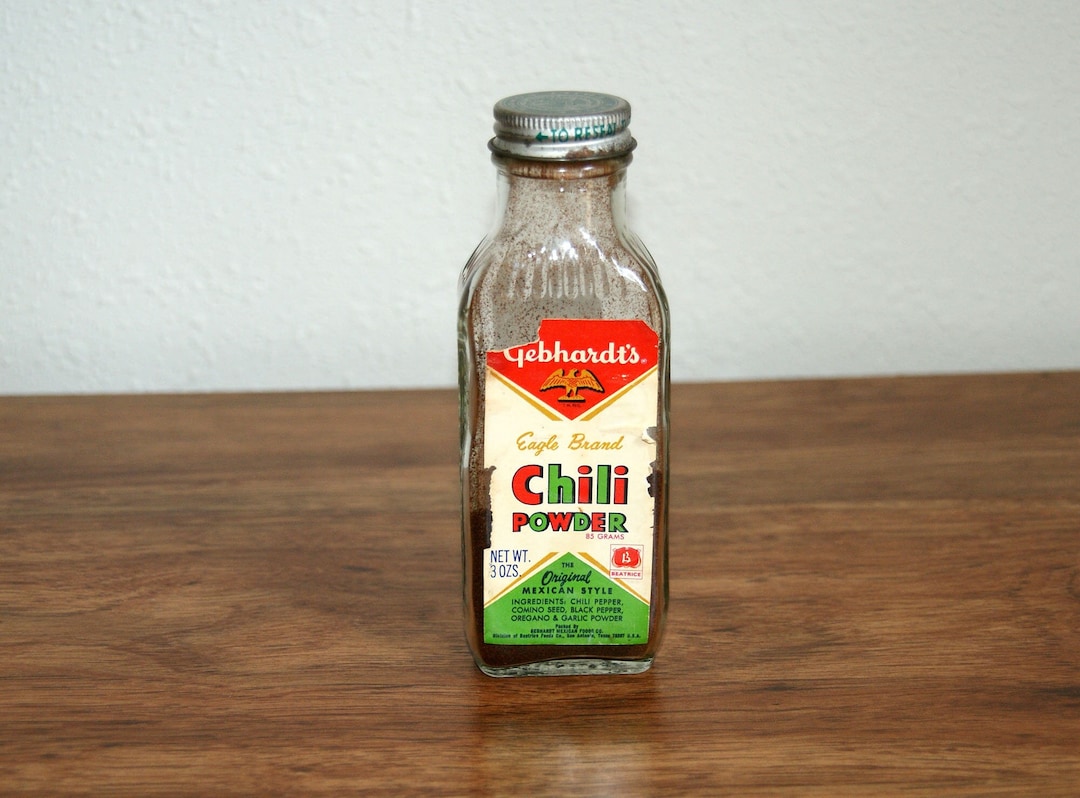 Vintage 1960's Gebhardt's Chili Powder Bottle, Embossed Clear Glass