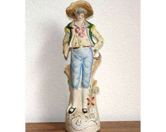 Occupied Japan Figurine 'boy' Large Ceramic Porcelain Bisque, MIOJ Hand Painted Gold Gilded