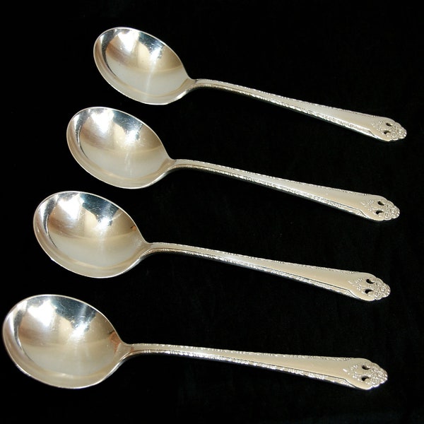 Vintage 1937 Set of 4 Bullion Spoons Holmes & Edwards "LOVELY LADY", Floral Silver Plate Soup Spoons, Sterling Inlaid Flatware Wedding Gift