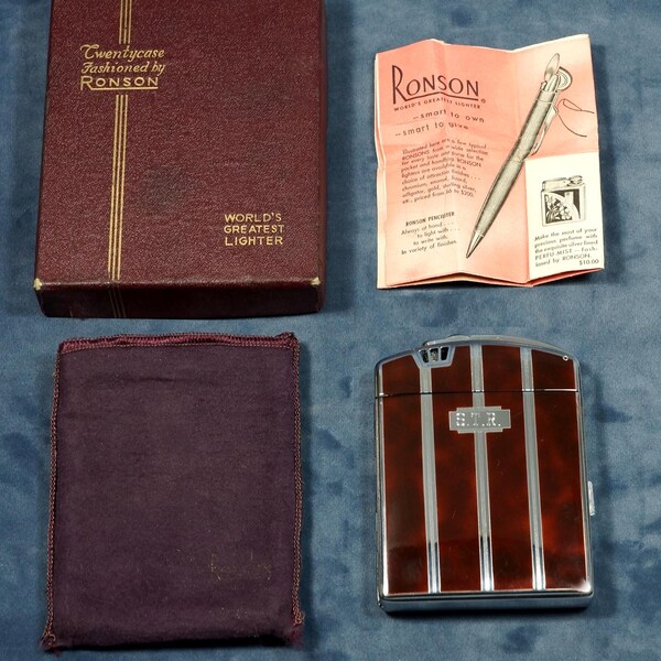 Vintage 1940s Ronson Twentycase Cigarette Lighter Case Tortoiseshell Enamel Chrome MCM Working