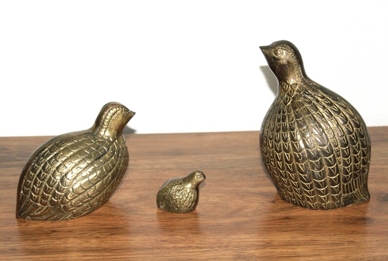 Set of 3 Vintage Brass Quail Family Figures, Partridge Family Bird