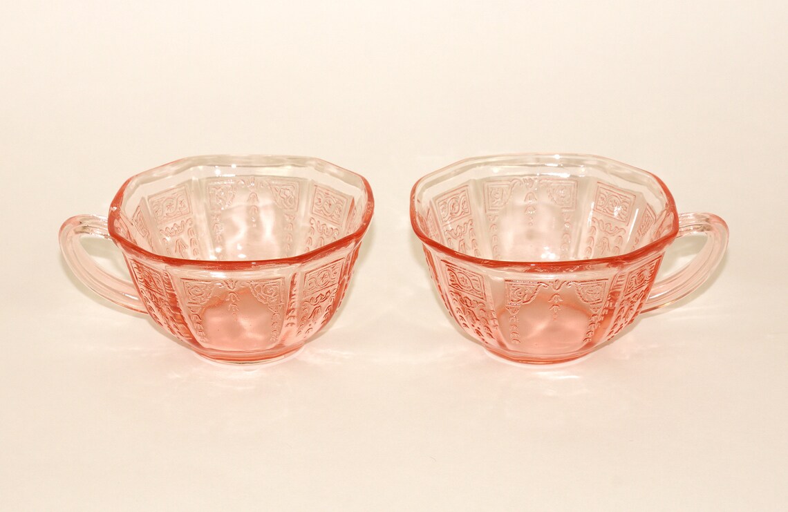 Set of 2 Pink Depression Glass Tea Cups Vintage Pink Glass Etsy
