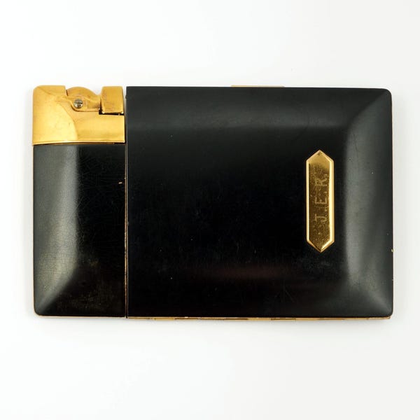 RARE Working Elgin American Magic Action Lite-O-Matic Cigarette Case & Pop Up Lighter Combination, Vintage MCM 1940s Black and Gold Finish