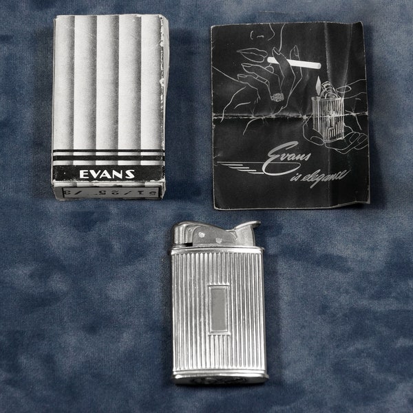 NOS 1950s Vintage Evans 'Cosmopolitan' Cigarette Lighter WORKING, Original Box, Nickle Chrome Pin Stripe Art Deco Collectable Pocket Lighter