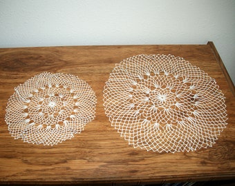 Two Vintage Hand Crocheted Ivory Doilies, Beautiful 1950's Mid Century Set of 2 Matching Doilies, Handmade Round Doily, Table Decor, Gift