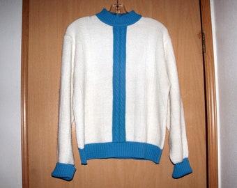 Vintage Womens Ski Sweater 1960s, Size L Large, Mod Off White Blue Cable Knit Pullover, "Puritan Ski Lift" Brand Made in U.S.A. Gift For Her