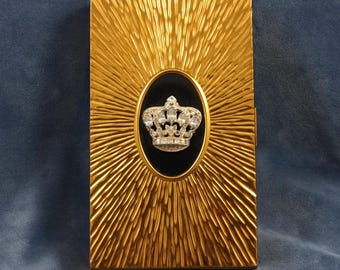 Women's 1950s Elgin American Compact Cosmetic Carry All Case Set, Gold Sunburst Rhinestone Crown