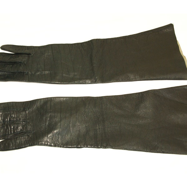 Vintage 1960's Women's Long Kid Gloves, Size 6 Black Kidskin Leather Gloves, 3/4 Length Evening Gloves, Wear Rite Made in France, Gift