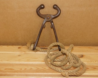 Vintage Iron Tongs with old hemp Rope (small), Antique Tool, MidCentury MCM Industrial Chic Decor Man Cave for him