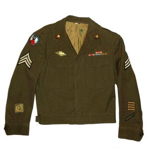 1940s U.S. Army WWII Uniform Wool, Military Ike Jacket, Pants & Hat with Pins Patches Ribbons Sargent Army Air Corps 9th Air Force ID