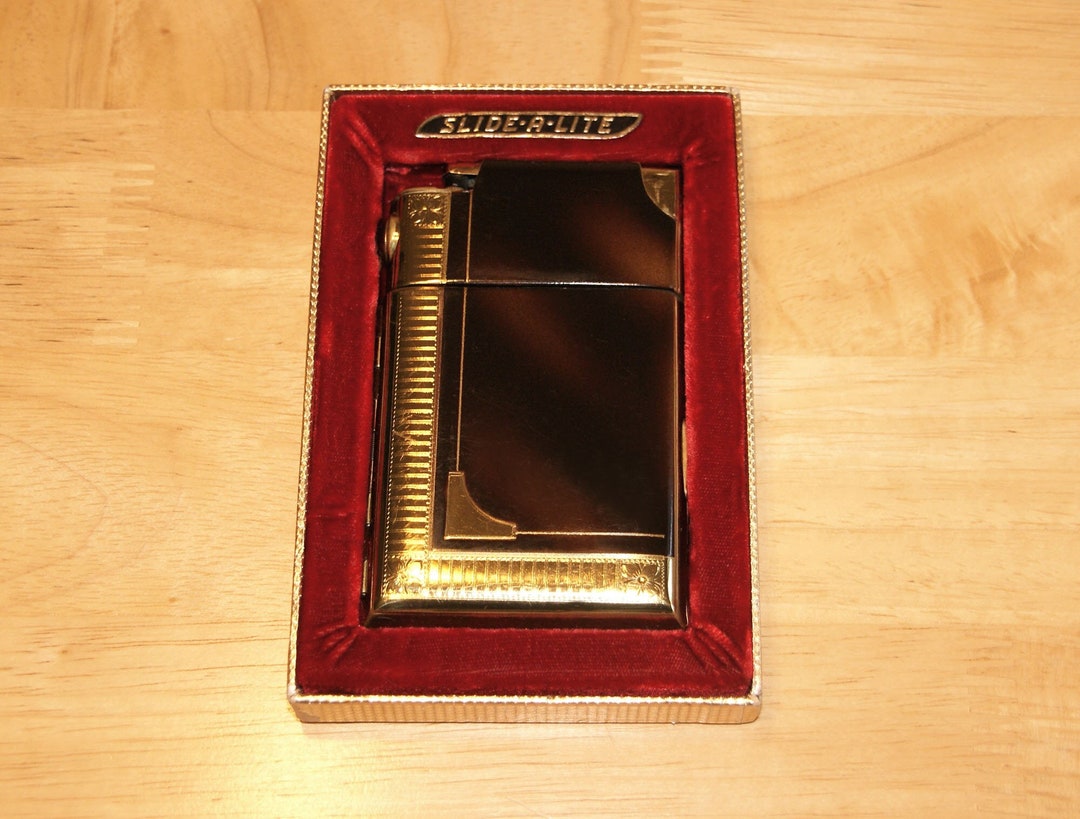NICE Vintage Marathon Slidealight Cigarette Case & Lighter Combination in Box, Embossed Gold