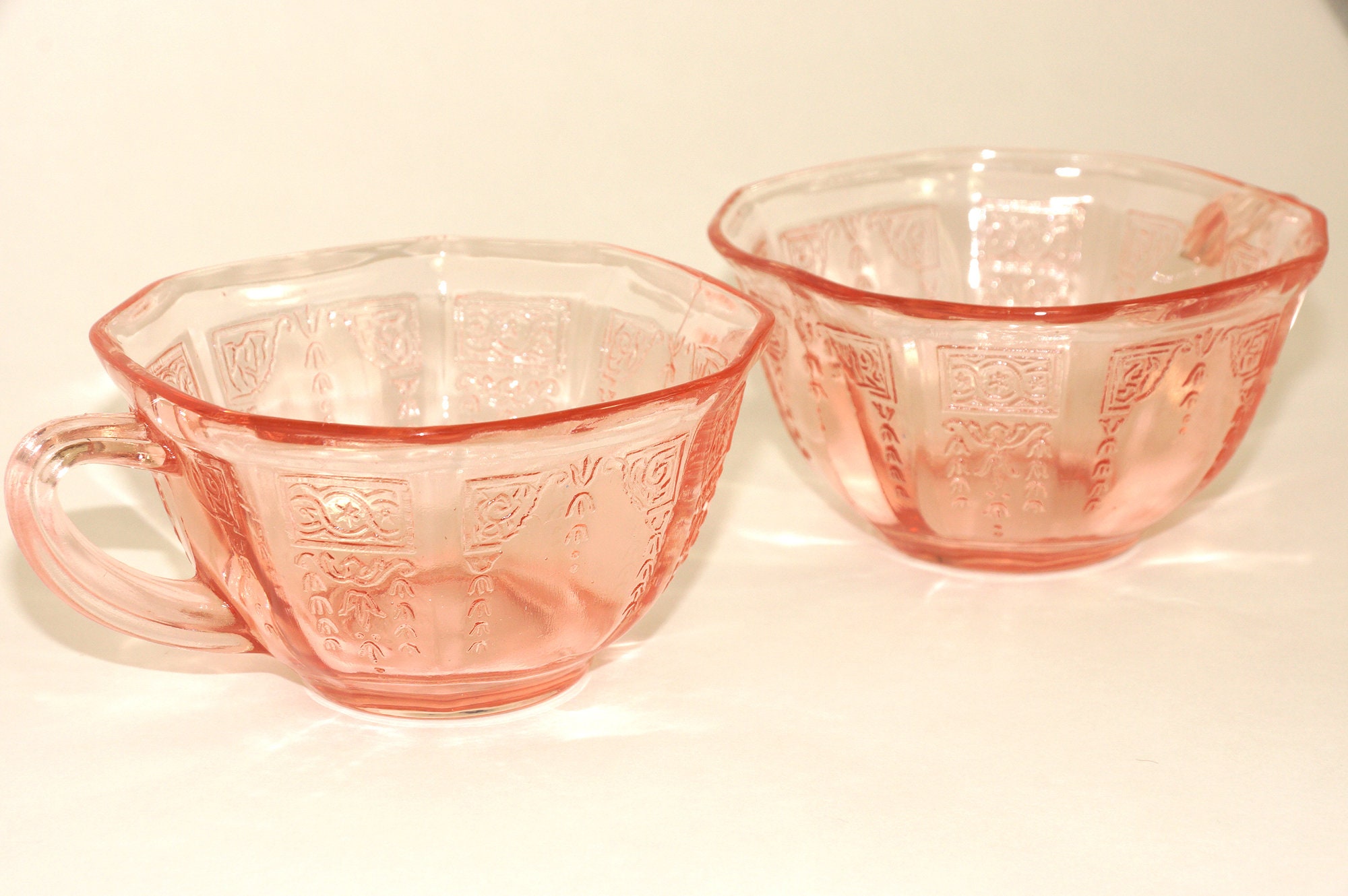 Set of 2 Pink Depression Glass Tea Cups Vintage Pink Glass Etsy