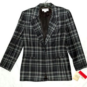 NWT 1990s Liz Claiborne Collection Vintage 90s Womens Suit Jacket, Lined, Size 4, Lux Ladies Gray Plaid 100% Wool Blazer, New with Tags