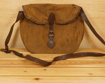 Vintage Canvas & Leather Bag, 1940's Hiking or Camping Bag, "100"  Shoulder Bag for Hunting and Fishing Bag, Cabin Decor Man Cave Decor