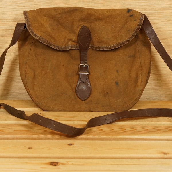 Vintage Canvas & Leather Bag, 1940's Hiking or Camping Bag, "100"  Shoulder Bag for Hunting and Fishing Bag, Cabin Decor Man Cave Decor