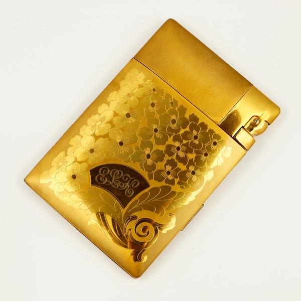 Working Vintage 1940s ELGIN AMERICAN Cigarette Case & Lighter, Magic Action Lite-O-Matic Rare Floral Design