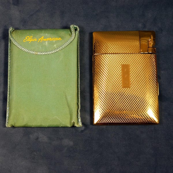 Estuche para cigarrillos y encendedor ELGIN AMERICAN Light-O-Matic vintage de la década de 1940, en funcionamiento