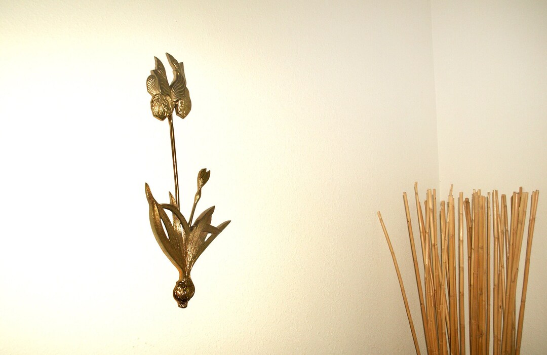 Rare Vintage Solid Brass Flower Wall Hanging, Large MCM Bronze Iris