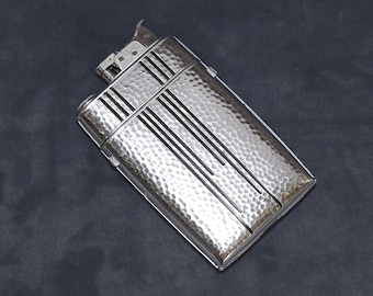 1930s Art Deco Vintage Evans Trig-a-Lite Cigarette Case & Lighter Combo Hammered Silver Chrome Black Stripes Lighter Collectable Non-Working