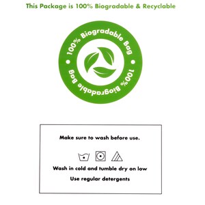 May include: A green and white circular logo with the text "100% Biogradable Bag" and a recycling symbol. A white rectangle with black text that reads "Make sure to wash before use." and includes three laundry care symbols. The text "Wash in cold and tumble dry on low" and "Use regular detergents" is also included. The text "L&auml;n Linum" is at the bottom of the image.