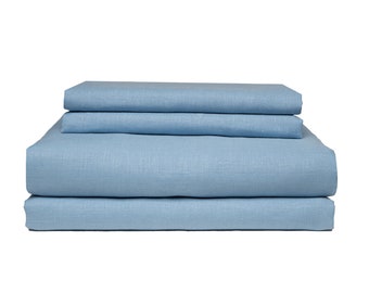 Sky Blue Pure linen Sheet set. 4 pieces -- flat, fitted sheets and two pillow cases. 100% organic flax linen. European grown and woven