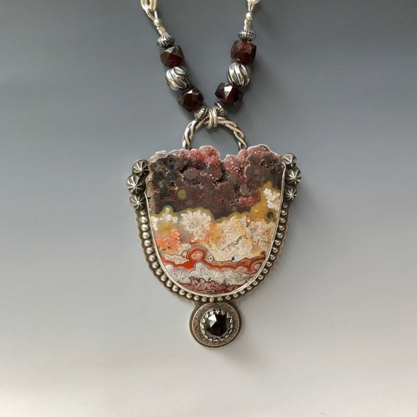 Reserved for LP:  Large Druzy top Red Crazy Lace agate and garnet sterling necklace by Julie Crawford of CrawfordCreekDesigns.Etsy.com