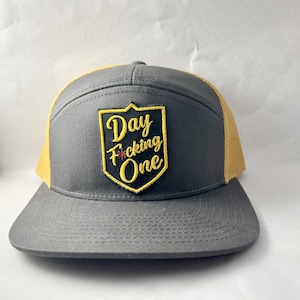 VGK “Day F*cking One” Embroidered Patch on Charcoal/VegasGold 7-panel Trucker Hat
