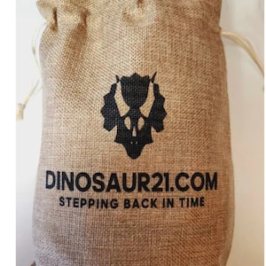 Pode incluir: Uma bolsa de juta marrom com cord&atilde;o de ajuste com uma silhueta de dinossauro preta e o texto "DINOSAUR21.COM STEPPING BACK IN TIME".
