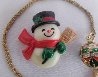 Vintage Enamel Christmas Necklace Pendant Charm Ornament, and Hallmark Snowman Brooch/ Pin, Holiday Jewelry
