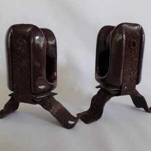 Vintage Brown Glazed Ceramic Insulators, Set of Two with Brackets, Porcelain Coat Rack Pegs Hooks Knobs, Industrial Electrical Upcycle Decor