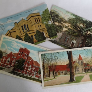 May include: Four vintage postcards depicting churches. The postcards are in a variety of colours and showcase different architectural styles. The text on the postcards includes the names of the churches and their locations.