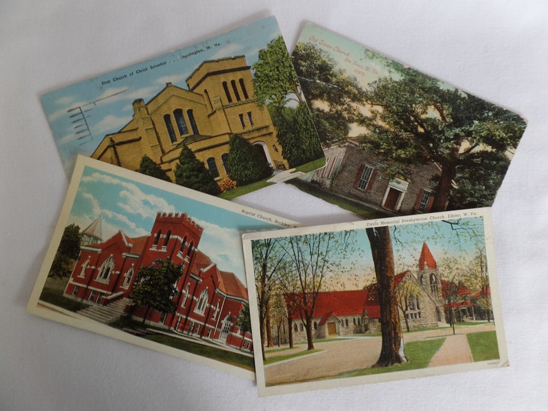 May include: Four vintage postcards depicting churches. The postcards are in a variety of colours and showcase different architectural styles. The text on the postcards includes the names of the churches and their locations.
