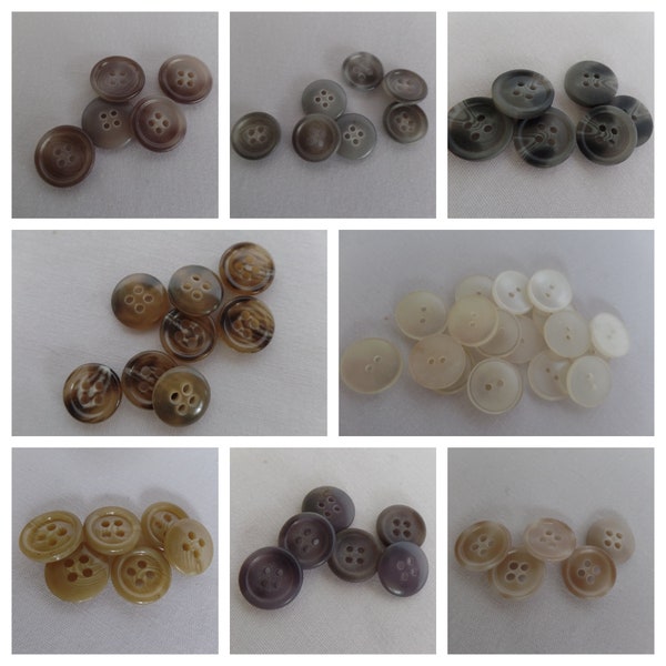 Shirt Button Replacement Sets, Choice of 7 Lots, Two Tone Brown, Camel, Tan, Gray, White, Four and Two Hole Sew-Thru, Matching