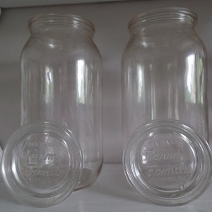 Vintage Jars w/ Glass Lids, Bean Rice Pasta Canister Set of 3 Clear Quarts, Buck Glass Company 1940s, Containers/ Storage, Country Kitchen