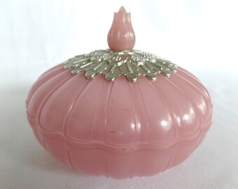 Vintage Avon Elusive Beauty Dust Pink Container and Lid, Cotton Balls, Q-tips, Trinkets, Pretty Storage Box Bowl Holder, Feminine Bath Decor