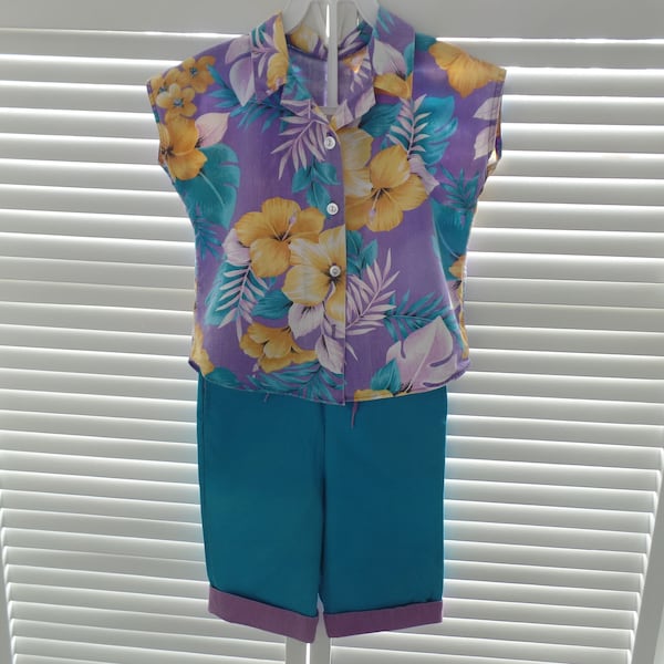 Vintage Girl's Outfit, Purple Yellow & Teal Hawaiian Shirt w/ Matching Shorts, Bright Colorful Button-Up Top, Kid's Child's Clothing, 1980's