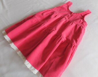 Buster Brown Corduroy Easter Jumper Girl's Size 6, Pink w/ White Lace Trim, Full Dress, Vintage Dressy Clothing Special Occasion Made in USA