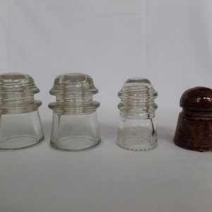 Vintage Glass or Ceramic Insulators, Hemingray 9, Armstrong&#39;s No. 2, Clear or Brown, Paperweight, Repurpose,