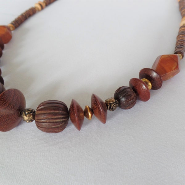 Vintage 30" Wood-Look Bead Necklace, Barrel Screw Clasp, 1970's Costume Jewelry, One Strand Brown and Gold Beads