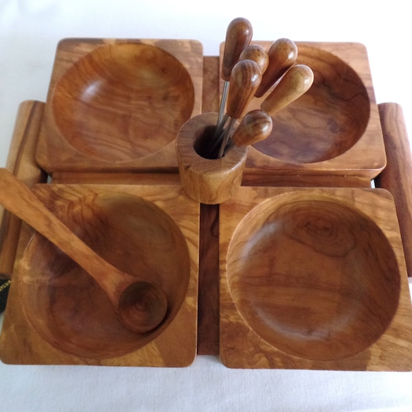 Vintage Olive Wood Serving Set with Miniature Forks & Spoon 1970's NOS Gift Divided Tray Bowls Party Buffet Celebration Food Original Box