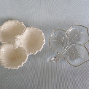 Vintage Divided Dishes, Relish Sauce Candy Trinkets, White Cabbage OR Clear Hazel Atlas Glass Leaf Bowl, 3 Sections, Serving Buffet Party