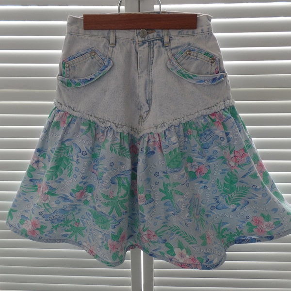 Vintage Girl's/ Teen Denim Skirt, Hawaiian Breeze by Gitano Express, Size 3/4 Full Jean Skirt, Blue Green Pink Floral Clothing, Hawaii