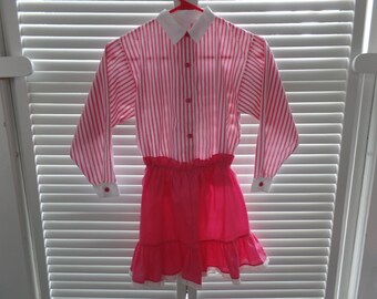 Vintage Pink and White Girl's Striped Top/ Shirt and Ruffled Skirt Set, Sheila Strong for Sparkle, Sears 1980's, Sizes 5 & 7 Clothing, Lace