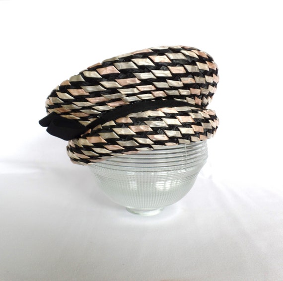 Vintage Ladies Hat Black White Pink Pillbox, Unit… - image 1