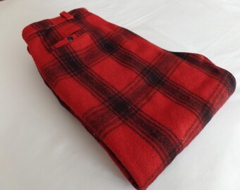 Pantalones vintage de lana de búfalo a cuadros rojos y negros, pantalones deportivos de caza pesados para hombre y mujer con puños.