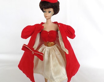 Vintage Barbie 1960 Silken Flame Dress #977 with Belt, Purse AND #962 Red Flare Velvet Coat #939 with Purse, Pillbox Hat, OT Shoes, Gloves