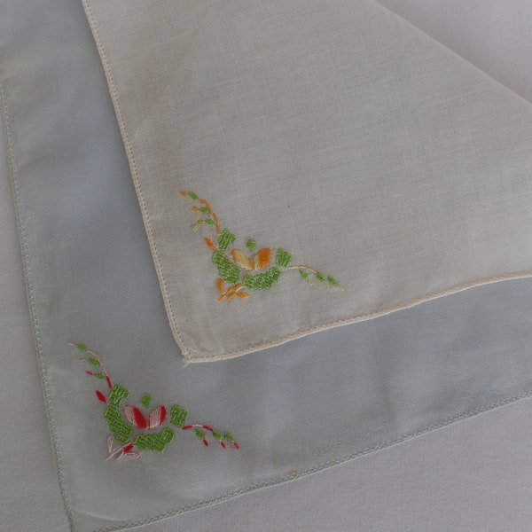 Pair of Vintage Lady's Handkerchiefs, White w/ Floral Embroidery, Two Women's Dainty Hankie Hanky