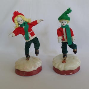 Vintage Porcelain Bisque Doll Figurines, Musical Winter Sport Christmas Ice Skating Girl, Hockey Boy, Red Green Winter Seasonal Decor