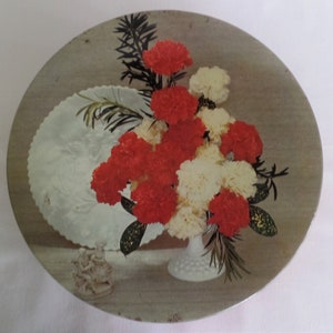 Vintage Round  Floral Tin Box, Valentine Day Cookie Candy Box, Red White Flowers, Metal Decorative Storage Container, Sewing Craft Storage