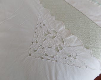 Sábana plana vintage tamaño matrimonial, bordado calado blanco sobre blanco, sábana superior Iris